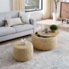 Woven Rattan Fabric Round Storage Ottoman With 2 In 1 Function As End Table And Ottoman - Dark Yellow - Image 5