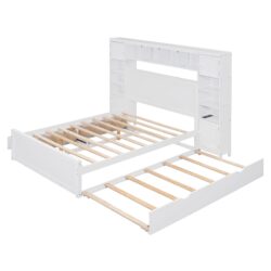 Full Size Bed With All In One Cabinet, Shelf And Sockets, Twin Size Trundle - White
