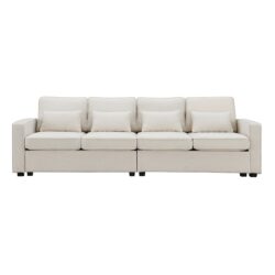 4 Seater Modern Linen Sofa With Armrest Pockets And 4 Pillows, Minimalist Style Couch - Beige