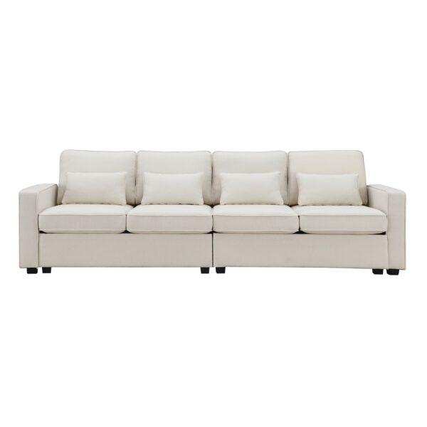 4 Seater Modern Linen Sofa With Armrest Pockets And 4 Pillows, Minimalist Style Couch - Beige