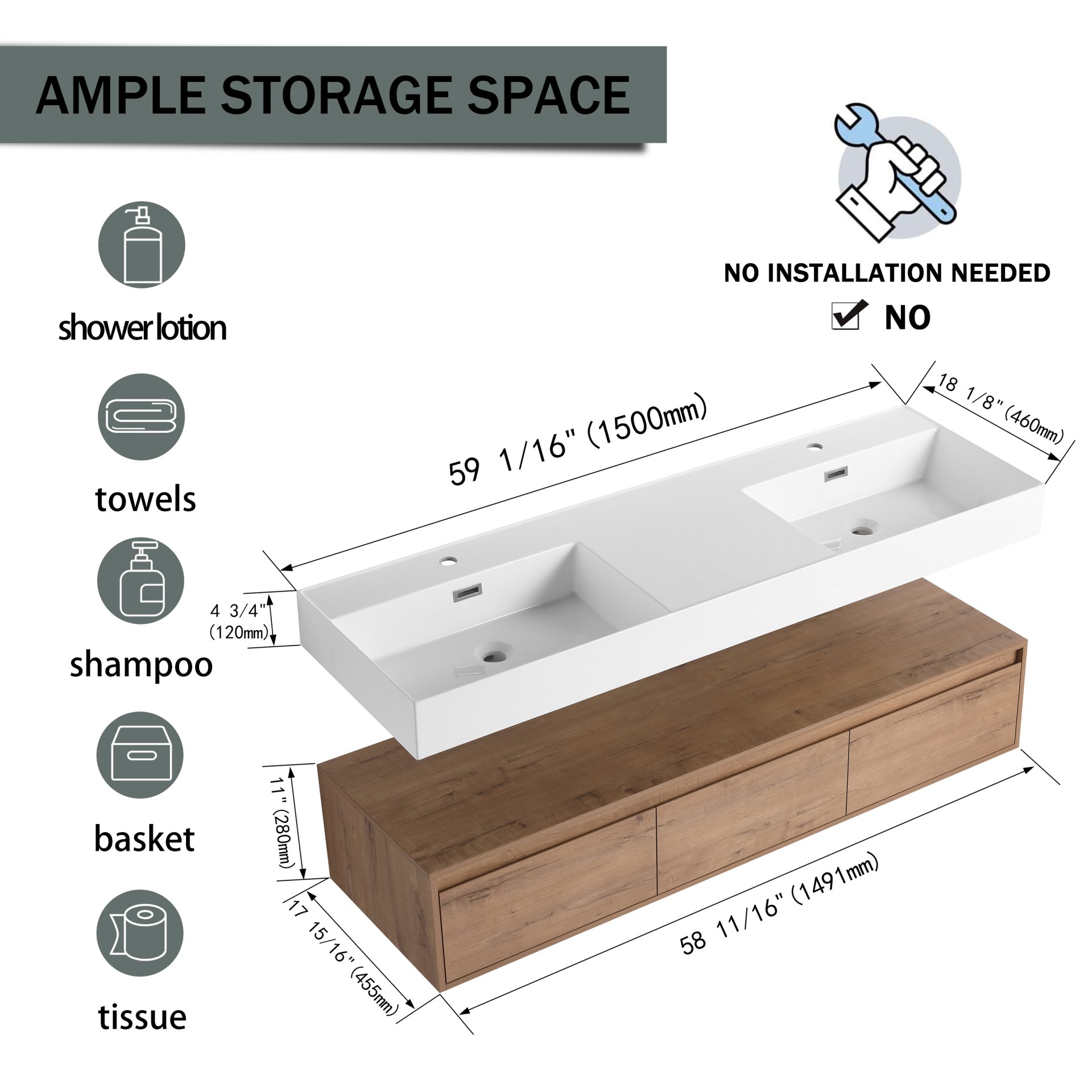 Contemporary Wall Mounted Bathroom Vanity With Dual Resin Sink And Soft Close Drawer - Imitative Oak - Image 11