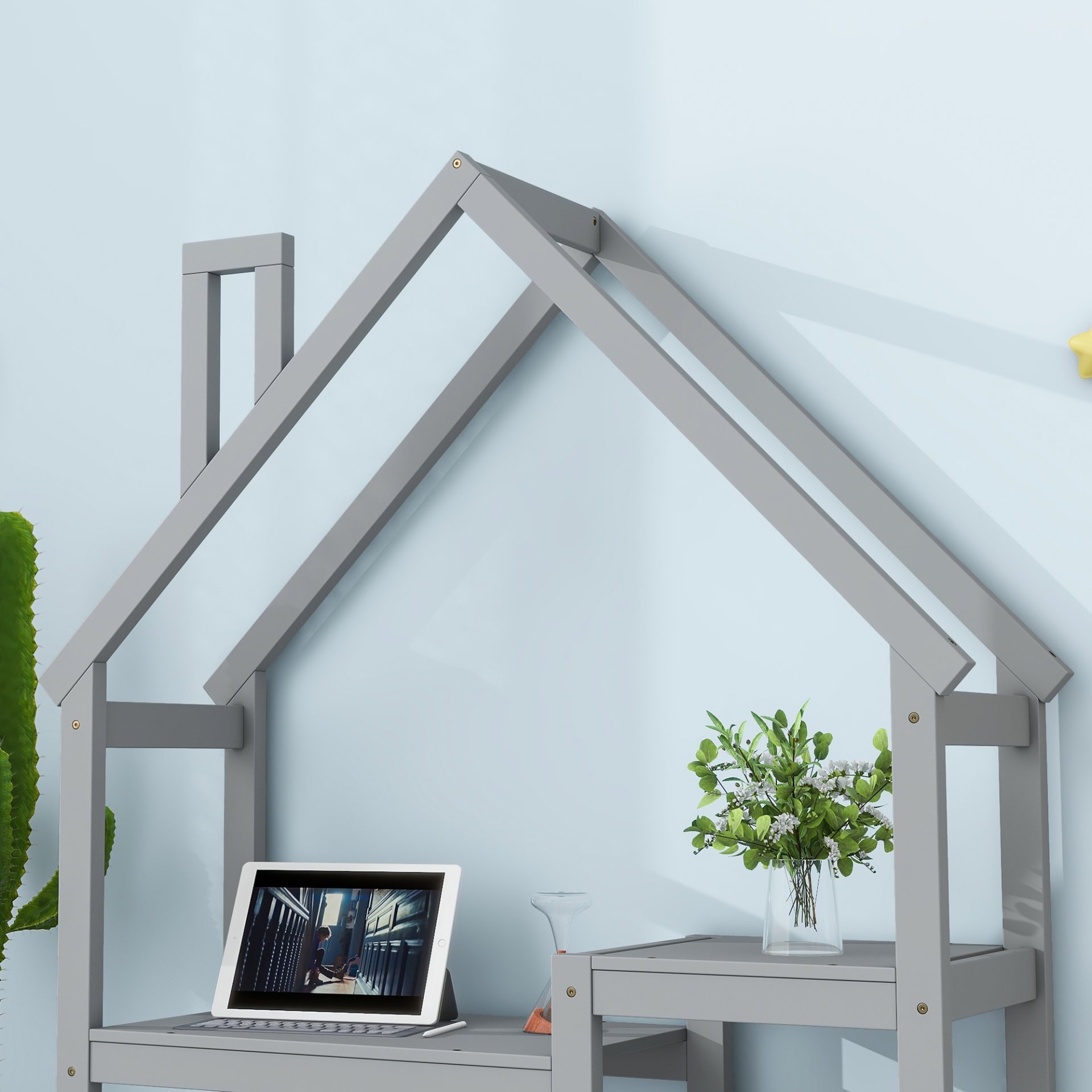 House-Shaped Wooden Writing Desk, Kids Study Table, Bookshelf & Toy Storage - Gray - Image 5