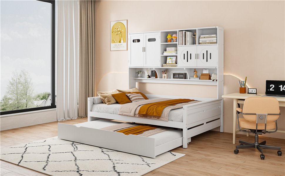 Full Size Wooden Daybed With Twin Size Trundle, And All In One Cabinet And Shelf - White - Image 18