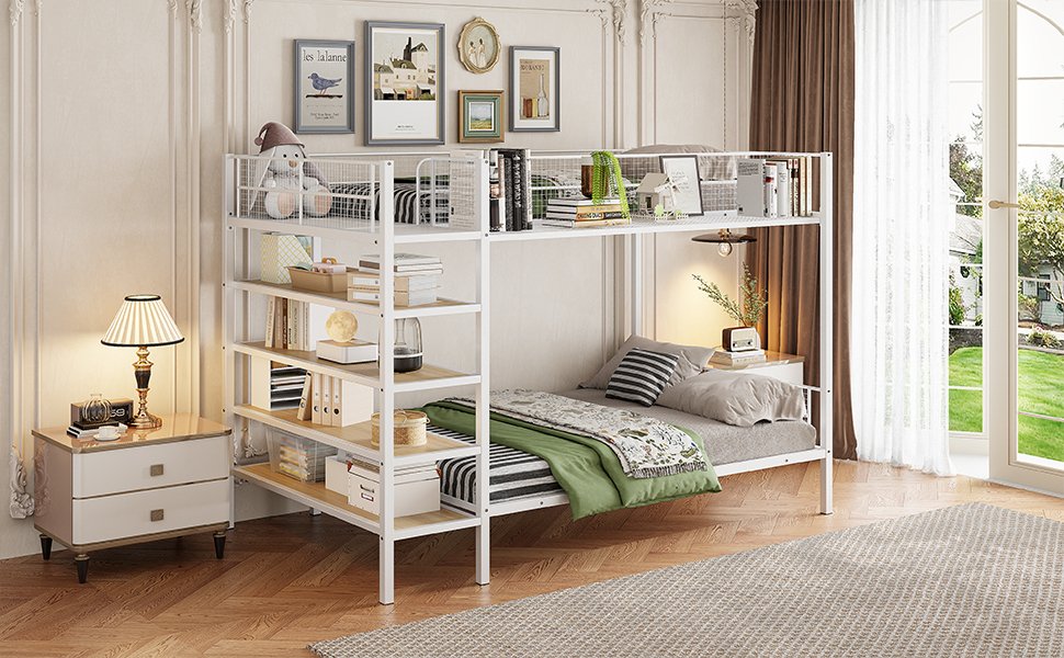 Twin Over Full Bunk Bed With 5 Tier Shelves - White - Image 15