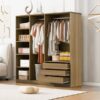 Doorless Storage Wardrobe For Dedroom With Shelves And 3 Drawers - Nature - Image 15