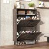 Farmhouse Shoe Storage Cabinet With Barn Door Design, 2 Flip Drawers, Hooks - Dark Oak - Image 17
