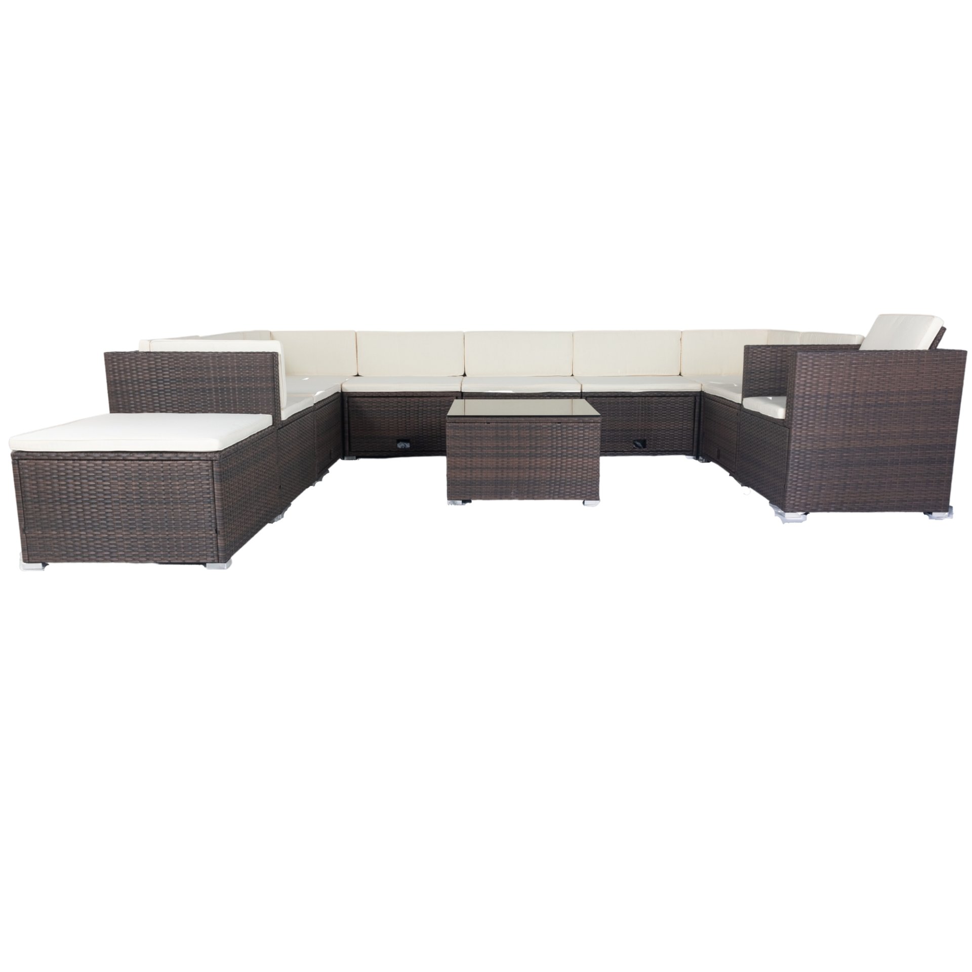 11 Piece Patio Wicker Conversation Set, 10 Seater Patio Sectional Set With 3 Storage Box Under Seat - Brown / White - Image 24