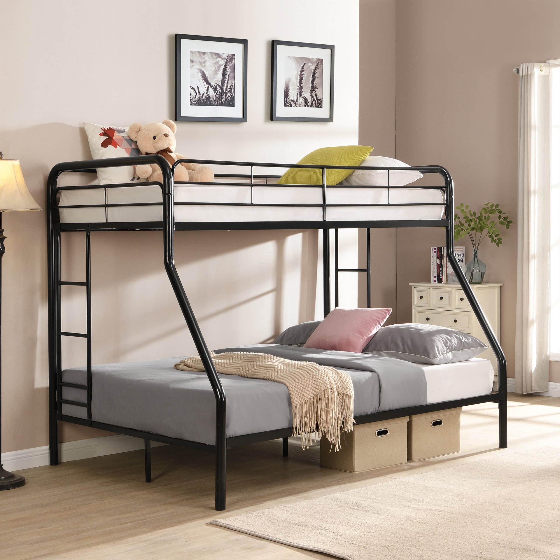 Modern Twin Over Full Metal Bunk Bed With Trundle And Dual Side Ladder And Metal Design - Black / Brown - Image 2