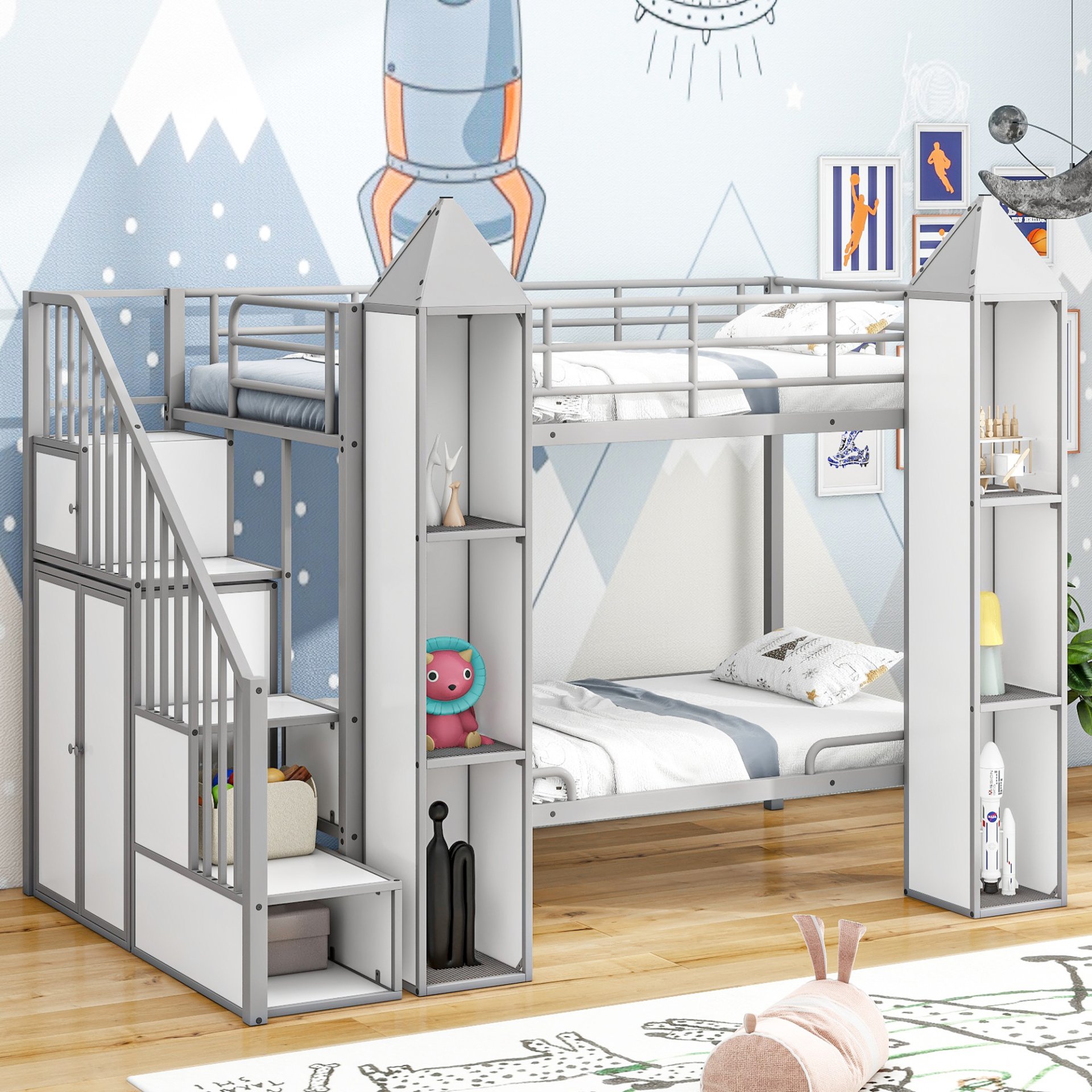 Metal Twin Over Twin Castle-Shaped Bunk Bed With Wardrobe And Multiple Storage - Gray / White - Image 5