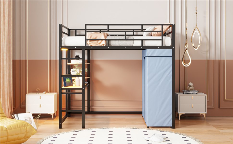 Twin Size Loft Bed With Desk, Shelves, Power Outlet, LED Light And Wardrobe - Black - Image 26