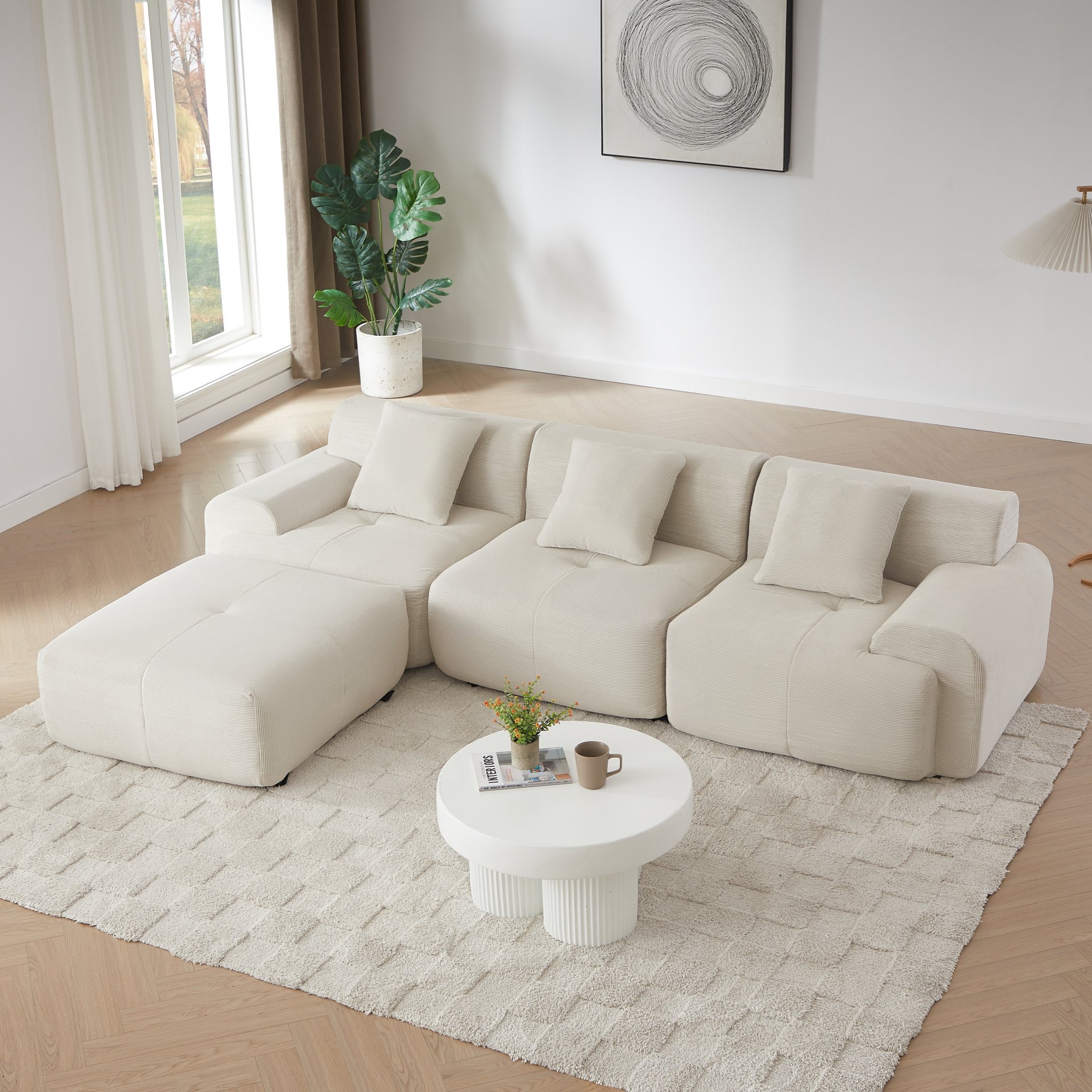 L Shaped Modular Sectional Sofa, Oversized 3 Seater With Deep Seat And Movable Ottoman - Beige - Image 10