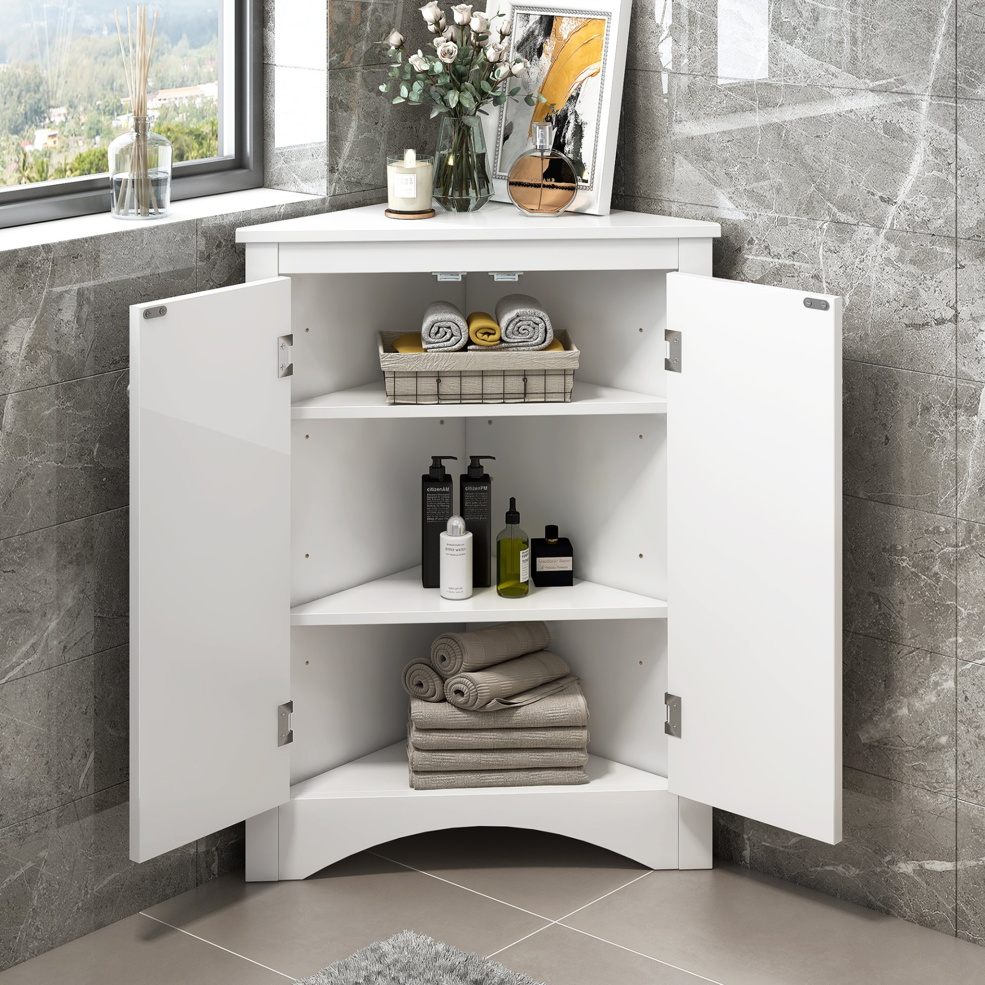 Triangle Bathroom Storage Cabinet With Adjustable Shelves, Freestanding Floor Cabinet For Home Kitchen - White - Image 4