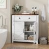 Farmhouse Storage Cabinet With Drawer And Adjustable Shelf Kitchen Cabinet With Walnut Countertop, Modern Coffee Bar Console Cabinet For Kitchen, Dining Room, Bathroom, Entryway - White - Image 4