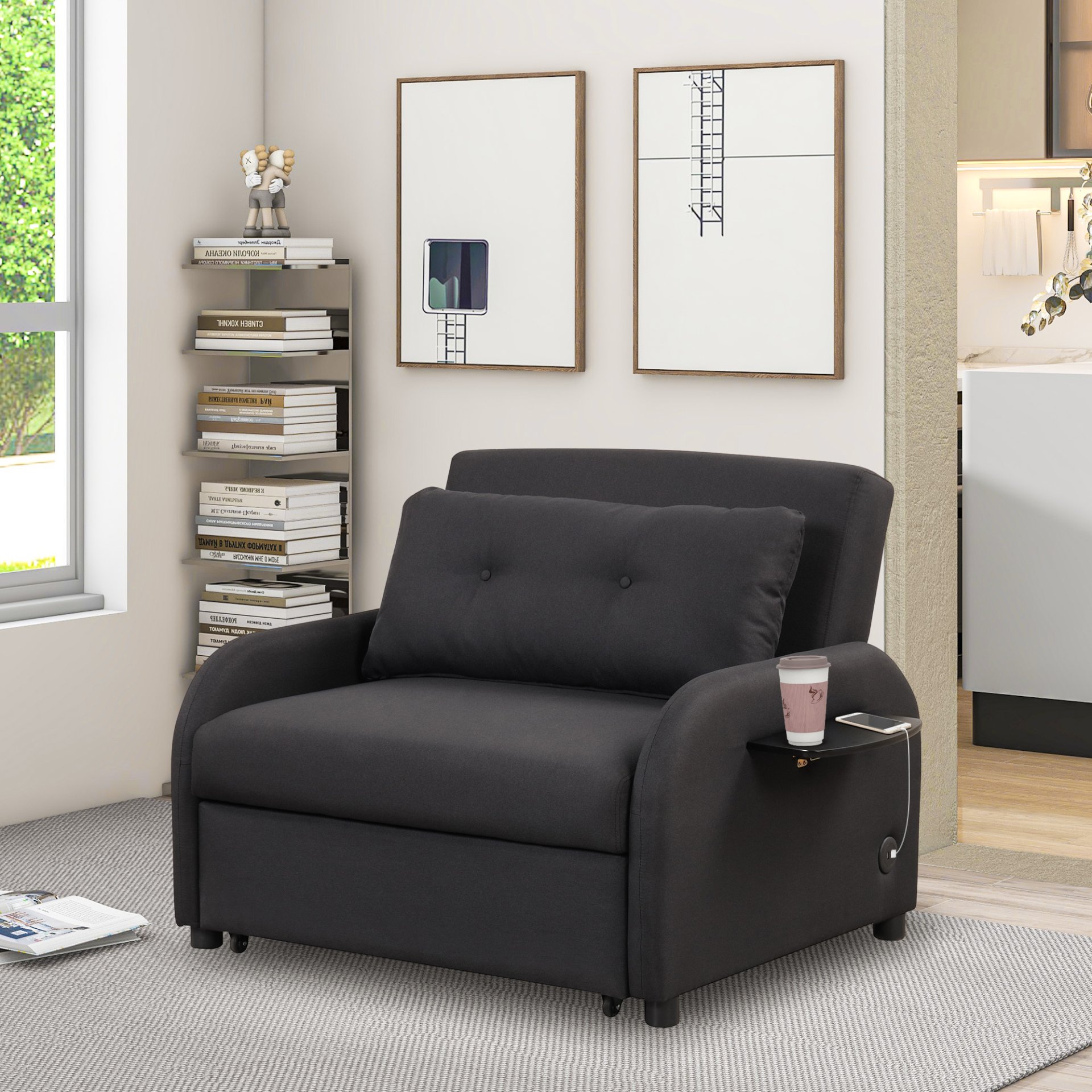 3 In 1 Pull Out Sofa Sleeper With Wing Table And USB Charge - Black - Image 3