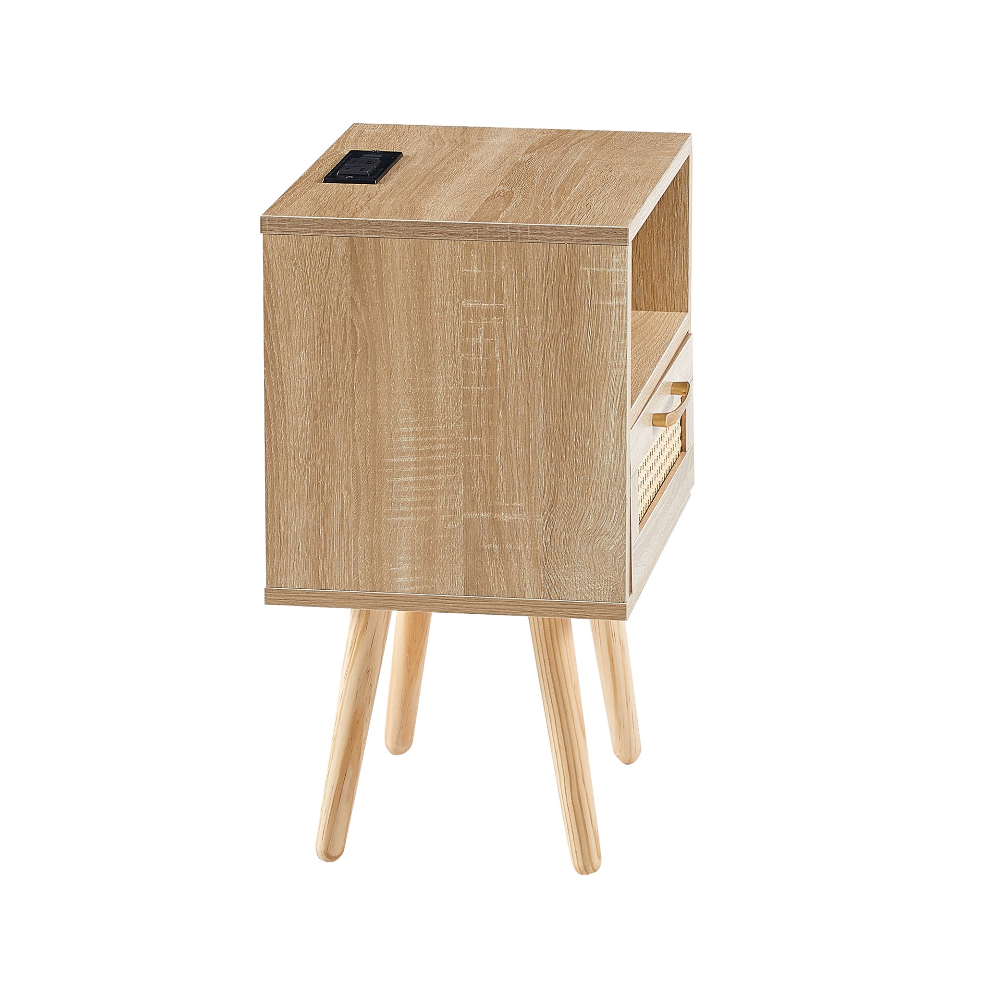 15.75" Rattan End Table With Power Outlet & USB Ports, Modern Nightstand With Drawer And Solid Wood Legs, Side Table For Living Room, Bedroom - Natural - Image 11