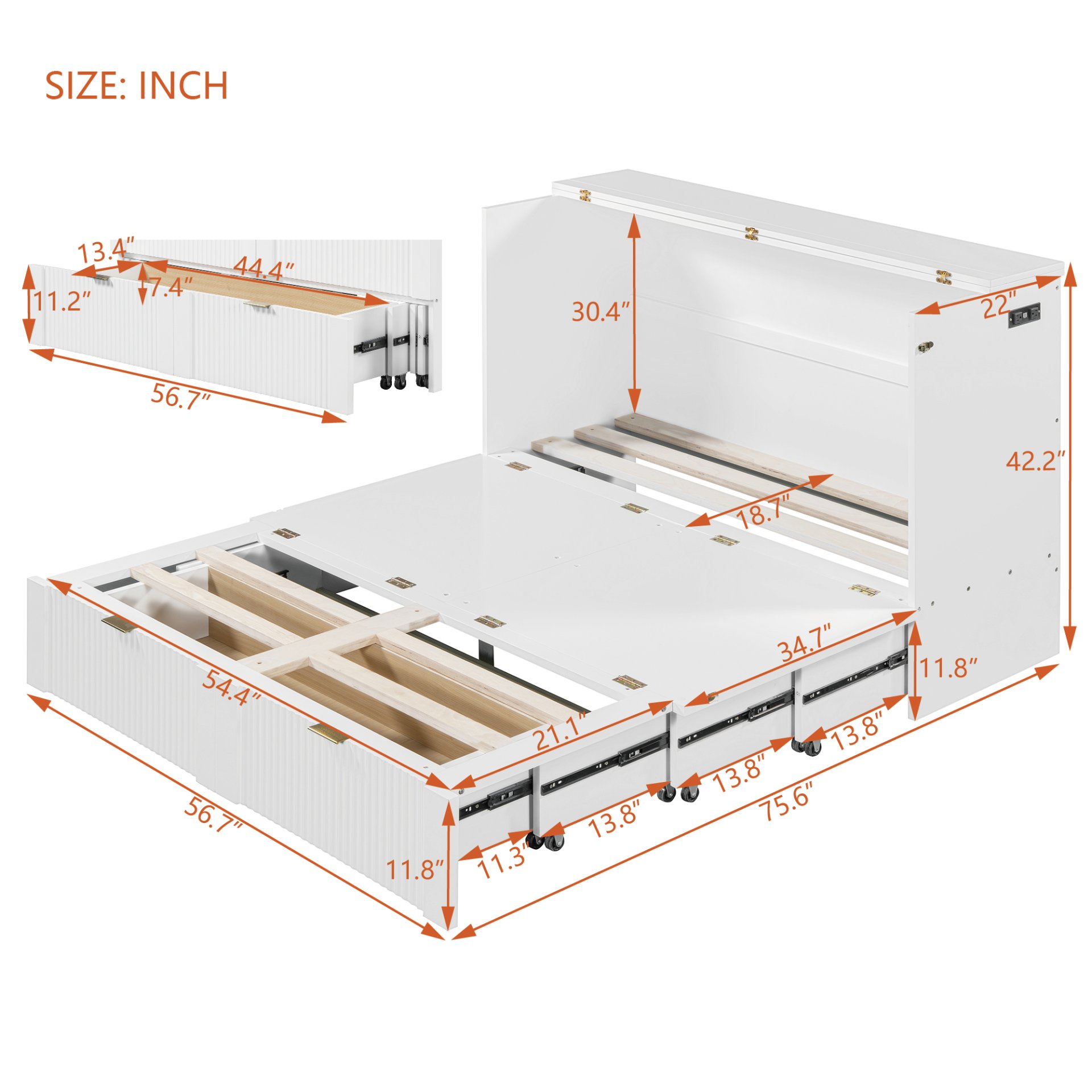 Full Size Murphy Bed With Drawer And A Set Of Sockets & USB Ports, Pulley Structure Design - White - Image 10
