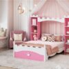 Castle Shaped Bed With Storage Shelf, Dreamy Twin Size Platform Bed For Kids Bedroom - Pink / White - Image 10