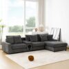 Sectional With Bluetooth Speakers L Shaped Couch With Console USB Charger, Cup Holders Storage Ottoman Deep And Wide Seat Cloud Sofa - Dark Gray - Image 16