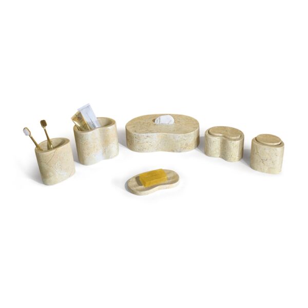 Marble Bathroom Accessories Set, Genuine Marble, Real Stone, 6 Piece Set - Beige / Gold