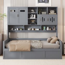 Twin Size Wooden Daybed With Hydraulic Bed And All In One Cabinet And Shelf - Gray