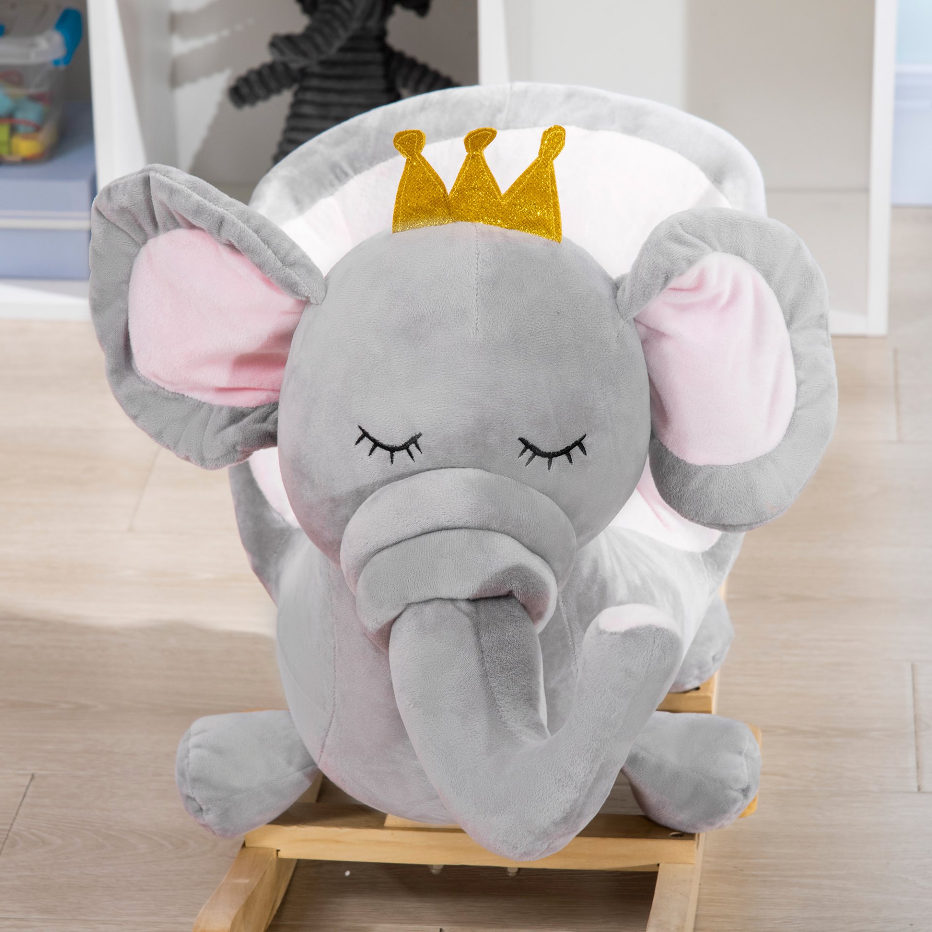 Qaba - Baby Rocking Horse Elephant Rocking Chair Toddler Rocker Toy With Sound Wooden Base Seat Safety Belt For 1.5-3 Year Old - Gray - Image 5