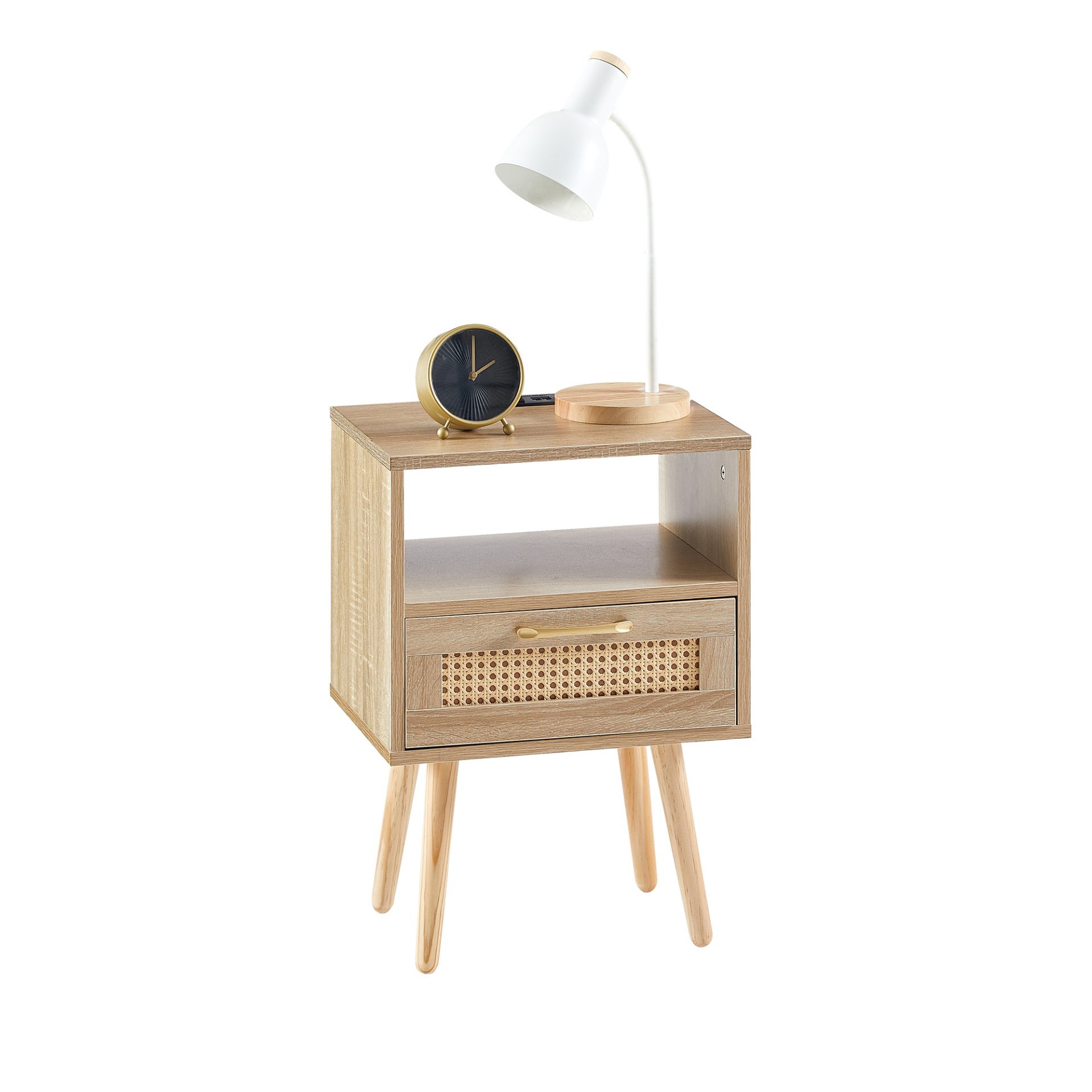 15.75" Rattan End Table With Power Outlet & USB Ports, Modern Nightstand With Drawer And Solid Wood Legs, Side Table For Living Room, Bedroom - Natural - Image 7