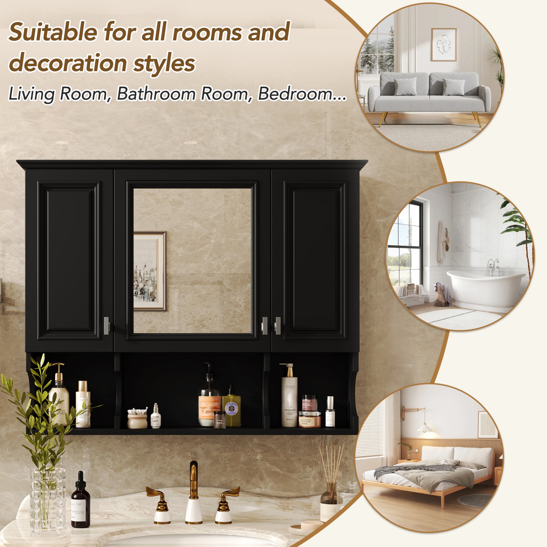 Wall Mounted Bathroom Medicine Cabinet, Modern Bathroom Wall Cabinet With Mirror, Mirror Cabinet With Open Shelves - Black - Image 5