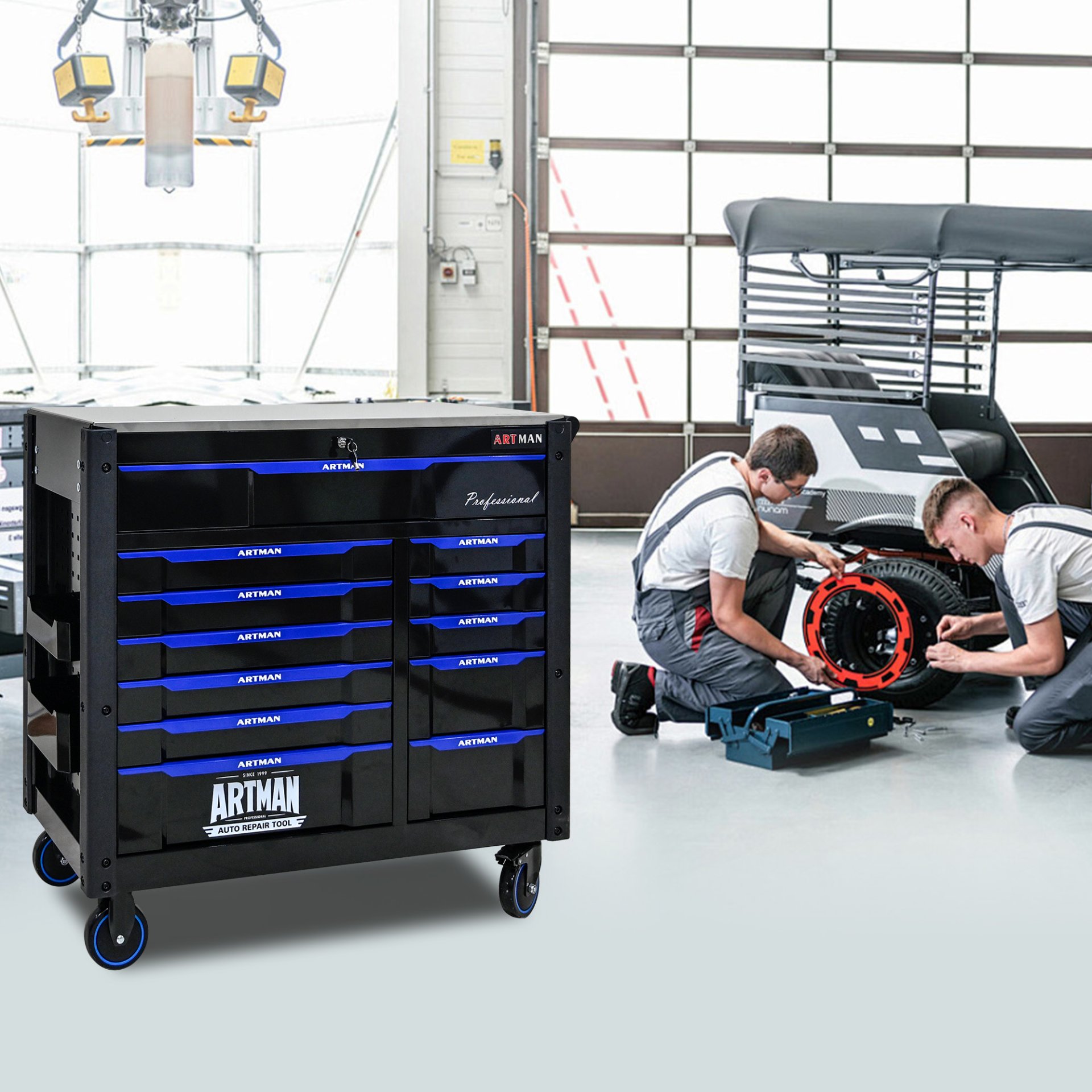 12 Layer Drawer Multi Purpose Tool Cart With Wheels And Iron Top - Black / Blue - Image 11