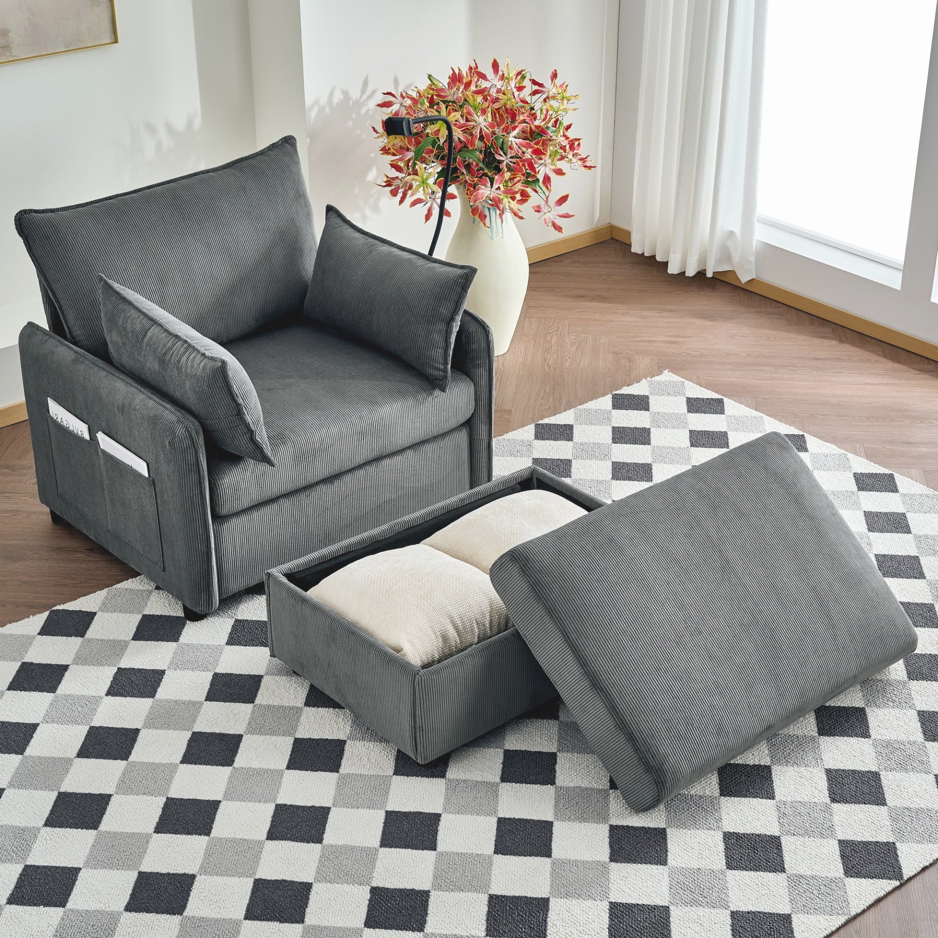 Comfy Corduroy Oversized Chaise Lounge Chair With Ottoman And Storage - Gray - Image 7
