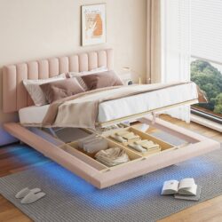 Queen Size Upholstered Hydrualic Platform Floating Bed With LED Light And USB Port - Pink