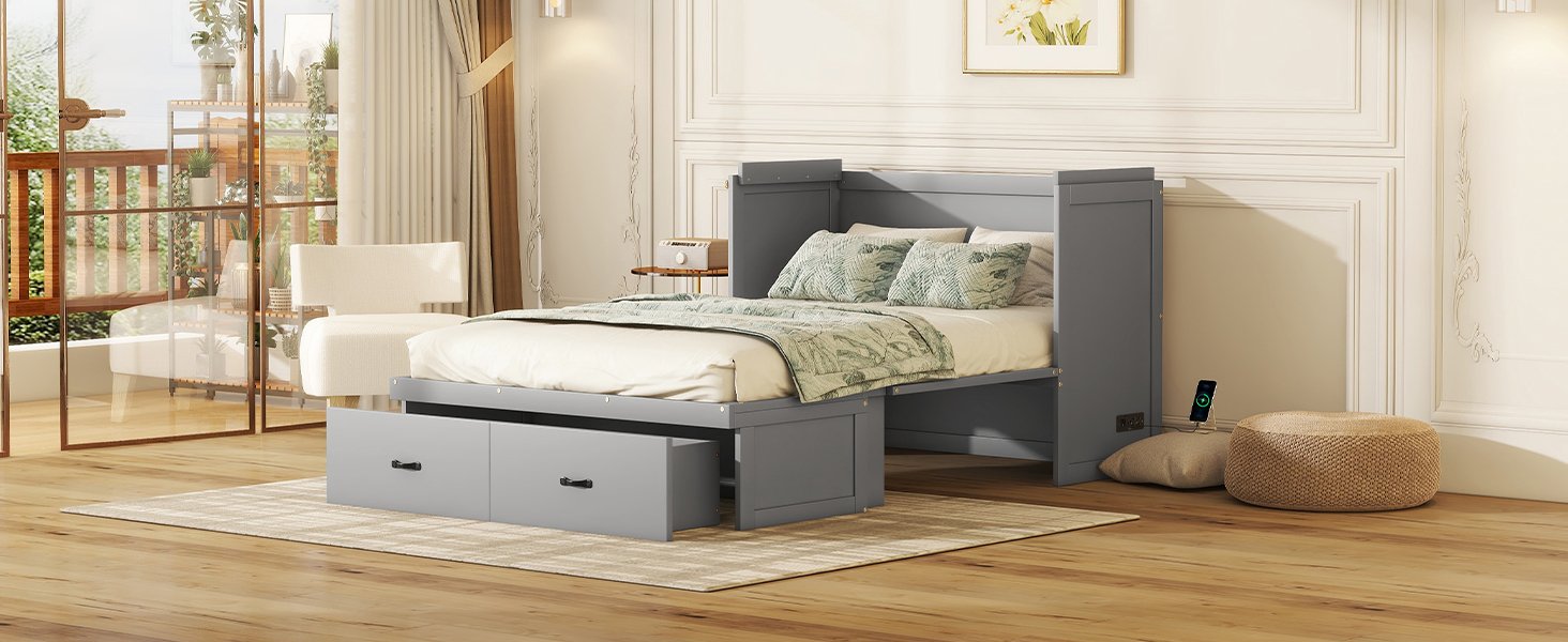 Full Size Murphy Bed With USB Port And A Large Drawer - Gray - Image 20