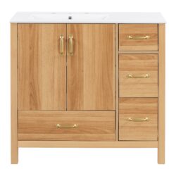 36" Bathroom Vanity, 2 Soft Close Doors, 4 Soft Close Drawers, Adjustable Shelf, Storage Cabinet - Acacia Wood