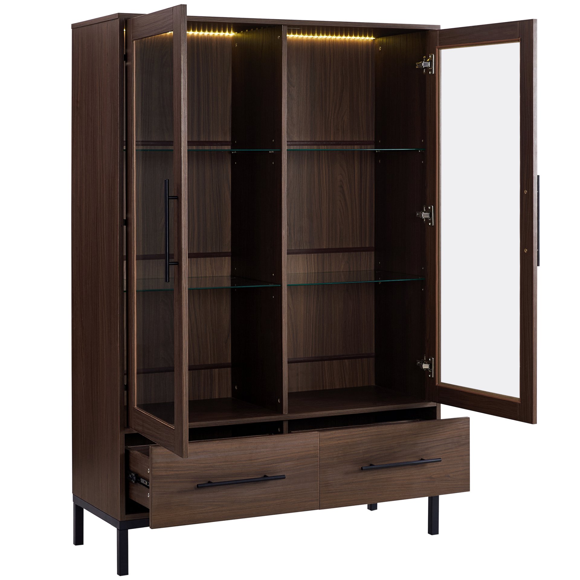 Modern Style Tall Display Cabinet With LED Lighting, Tempered Glass Door, 2 Drawers - Black / Dark Walnut - Image 9
