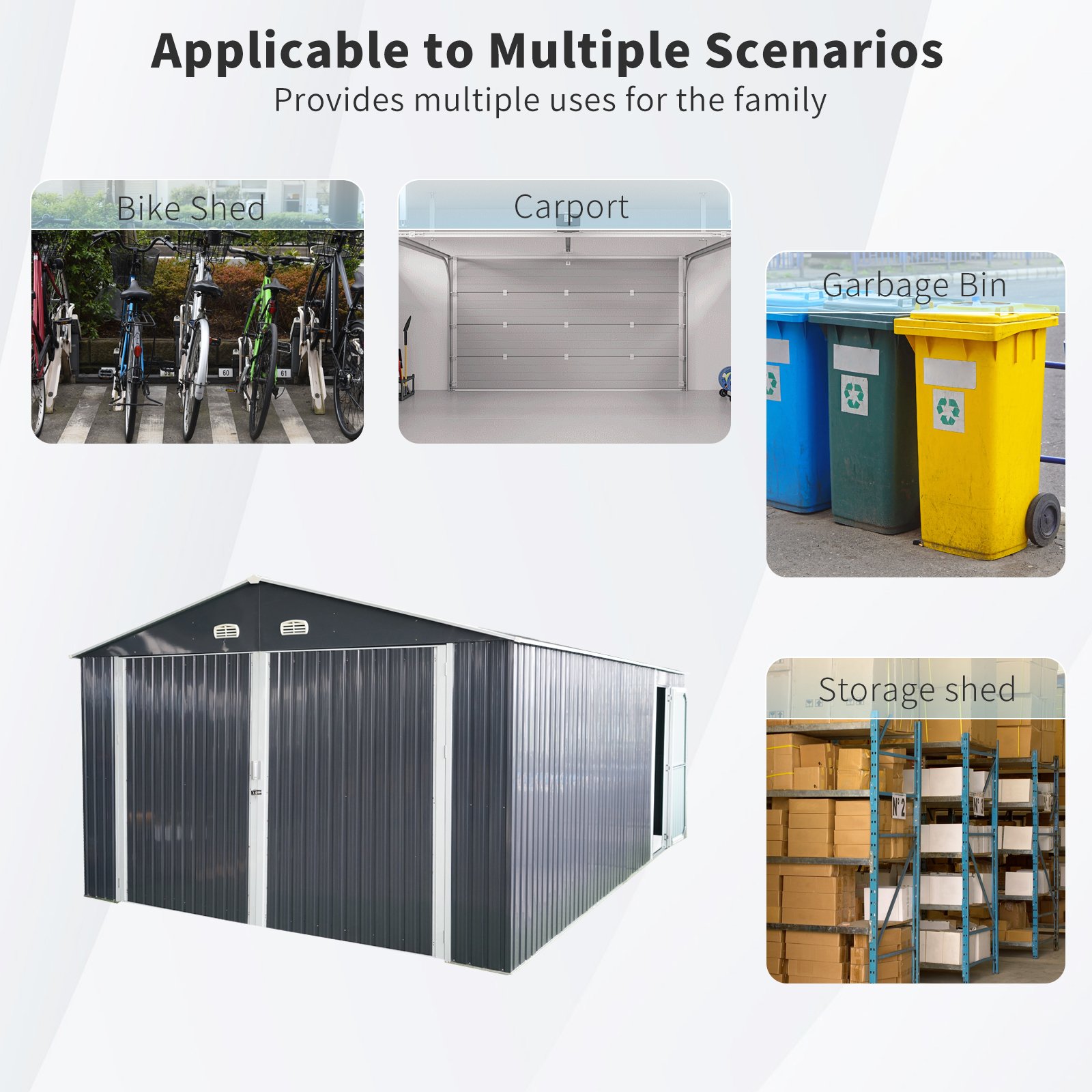 Outdoor Storage Shed Metal Garage Shed For Car, Bike, Lawnmower Backyard Tool House Building 2 Doors And 4 Vents - Black - Image 7