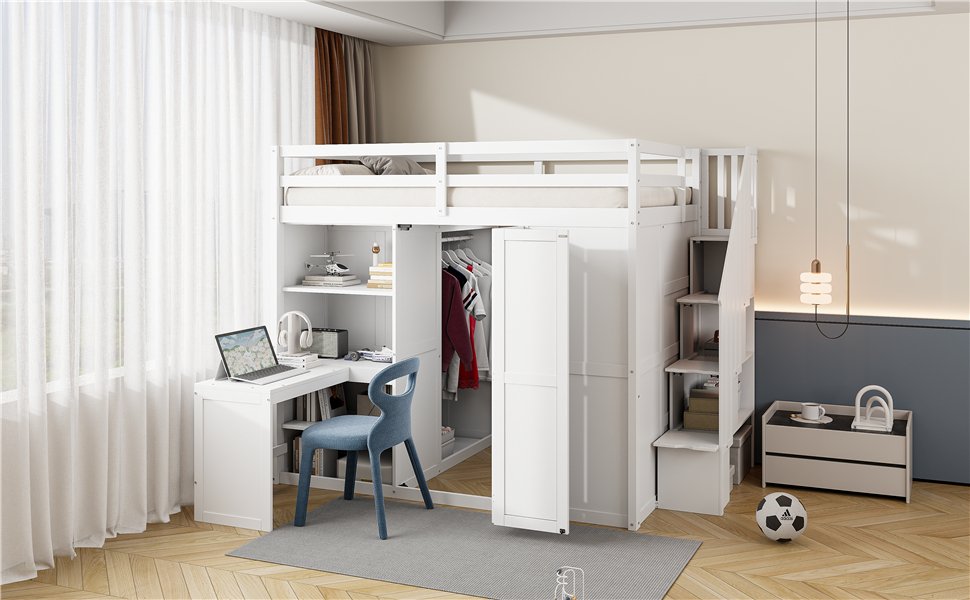 Full Size Loft Bed With Wardrobe, Desk And Shelves - White - Image 18