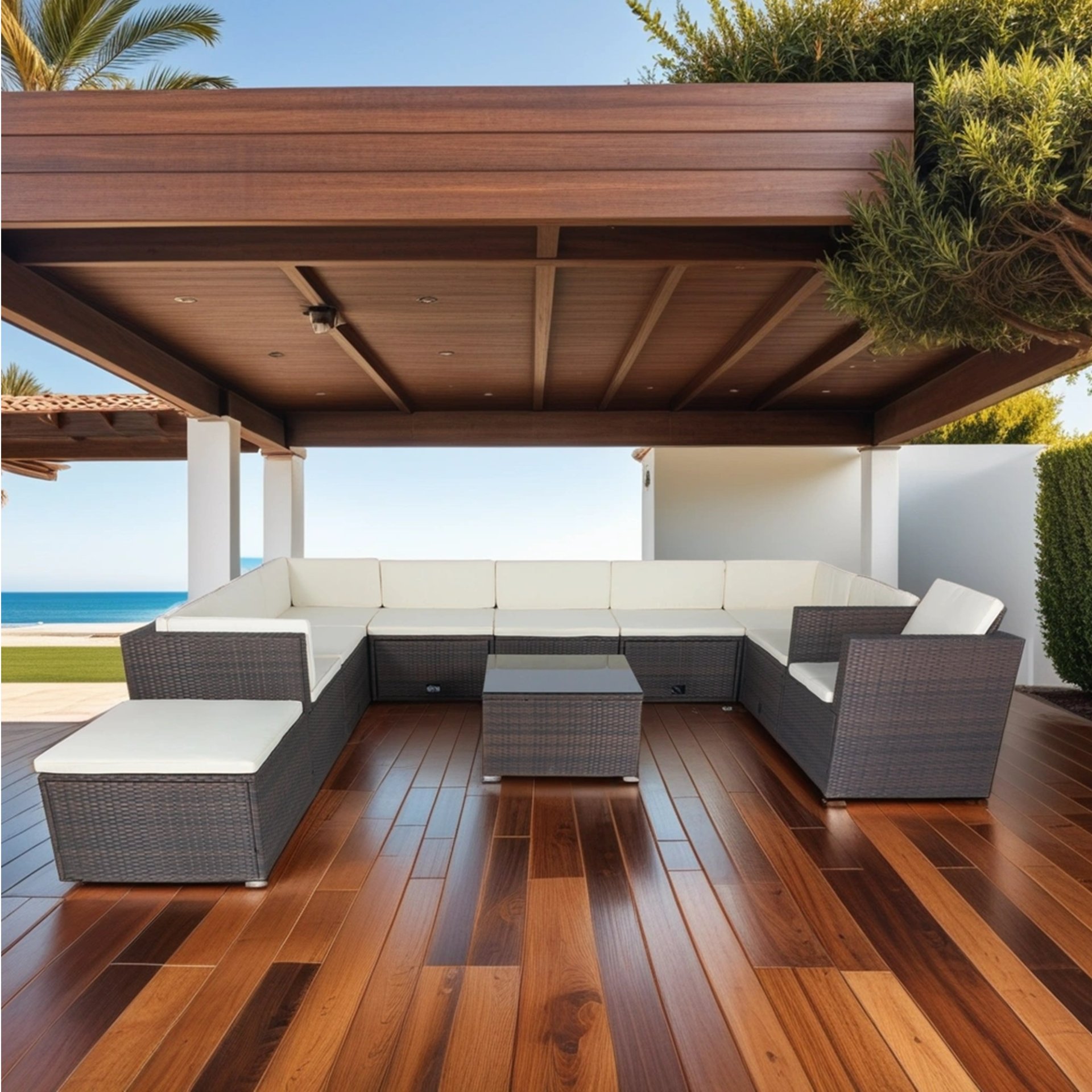 11 Piece Patio Wicker Conversation Set, 10 Seater Patio Sectional Set With 3 Storage Box Under Seat - Brown / White - Image 5