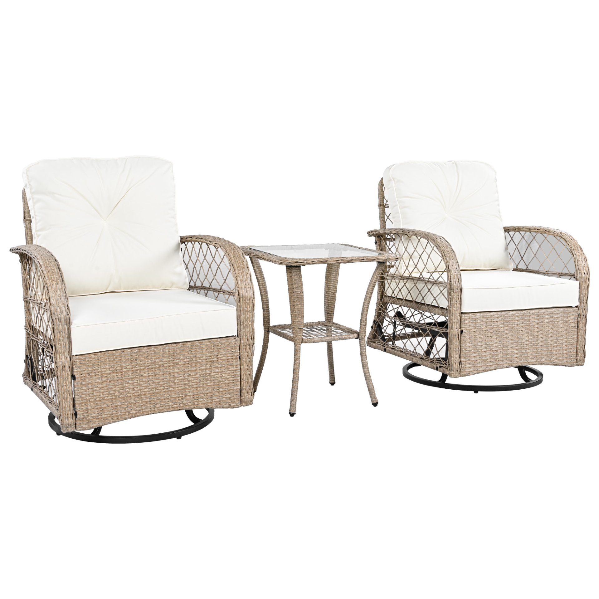 3 Piece Outdoor Chair & Table Set Chat Set 2 Person Rattan Seating Group With 2 Swiveling And Rocking Chairs And A Square Table For Garden, Patio, Or Balcony - Natural - Image 14