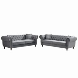 Chesterfield Velvet Upholstery Fabric Sofa With Roll Armrest & Nailhead, Mid Century Modern 3 And 3 Seater Couch - Gray