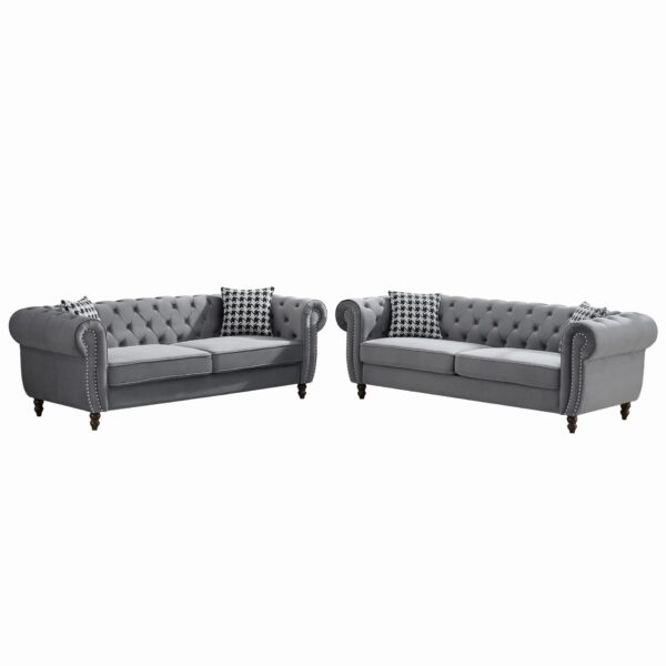 Chesterfield Velvet Upholstery Fabric Sofa With Roll Armrest & Nailhead, Mid Century Modern 3 And 3 Seater Couch - Gray