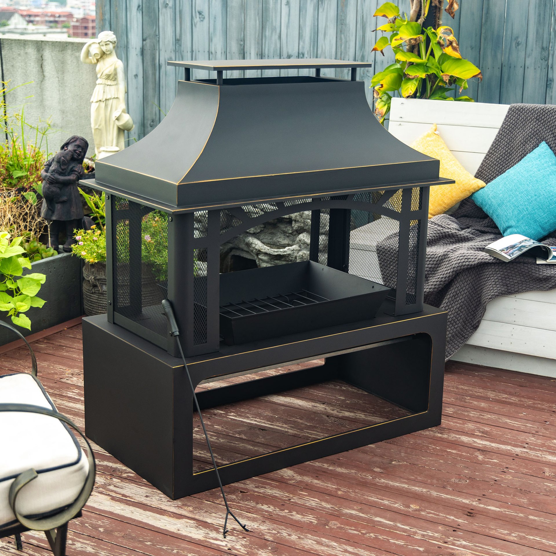 40" Wood Burning Fireplace, 50000 Btu Steel Fire Pit, Wood Burning Chimney For Outside Patio Deck Garden Backyard - Black - Image 4