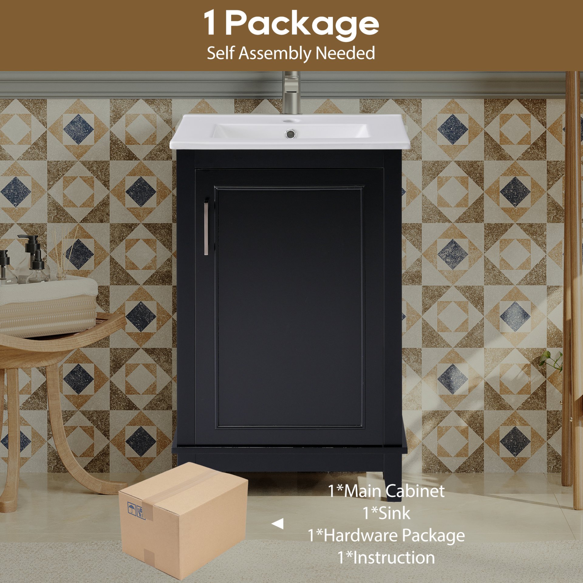Modern Small Bathroom Vanity Cabinet With Ceramic Basin, Ample Storage, 1 Soft Close Door - Black - Image 11