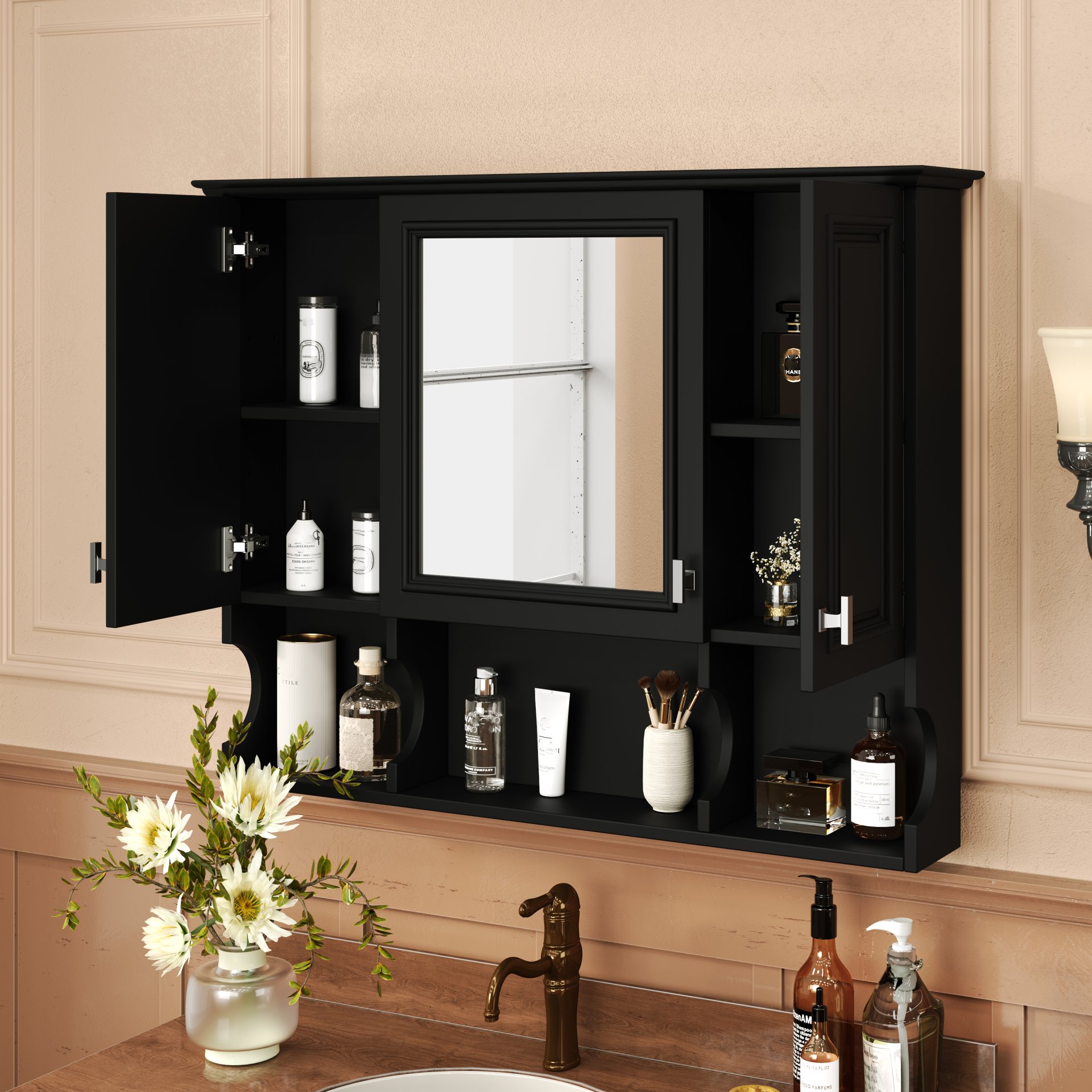 Wall Mounted Bathroom Medicine Cabinet, Modern Bathroom Wall Cabinet With Mirror, Mirror Cabinet With Open Shelves - Black - Image 2