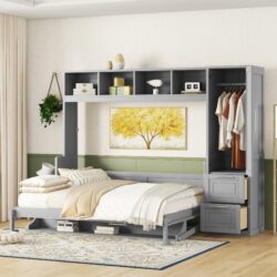 Queen Size Murphy Wall Bed With Closet And Drawers - Gray