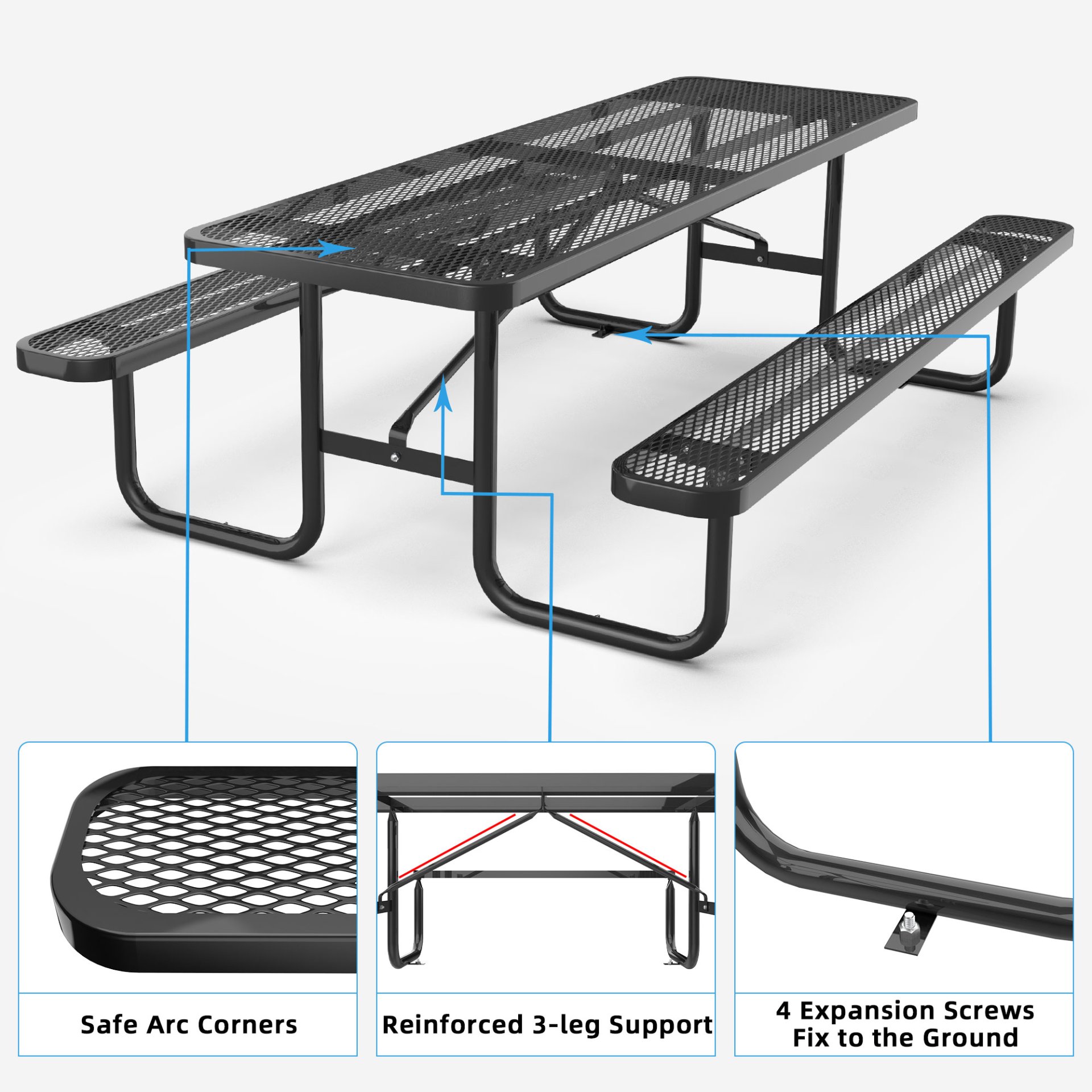 Expanded Metal Rectangular Picnic Table - Black - Image 2