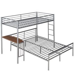 Twin Over Full Bunk Bed With Desk, Ladder And Quality Slats For Bedroom - Silver