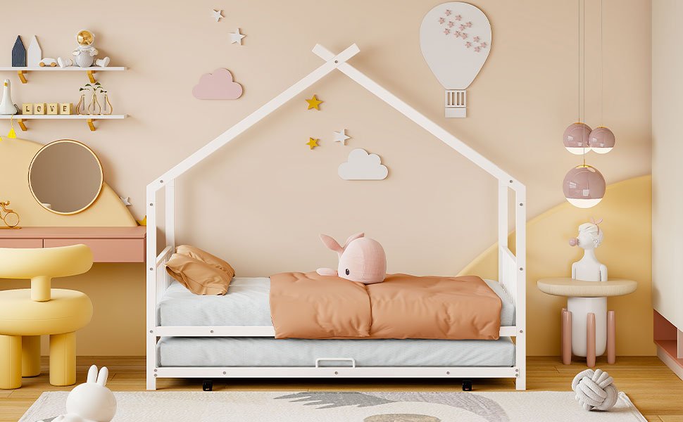 Twin Size Playhouse Design Bed With Twin Size Trundle - White - Image 18