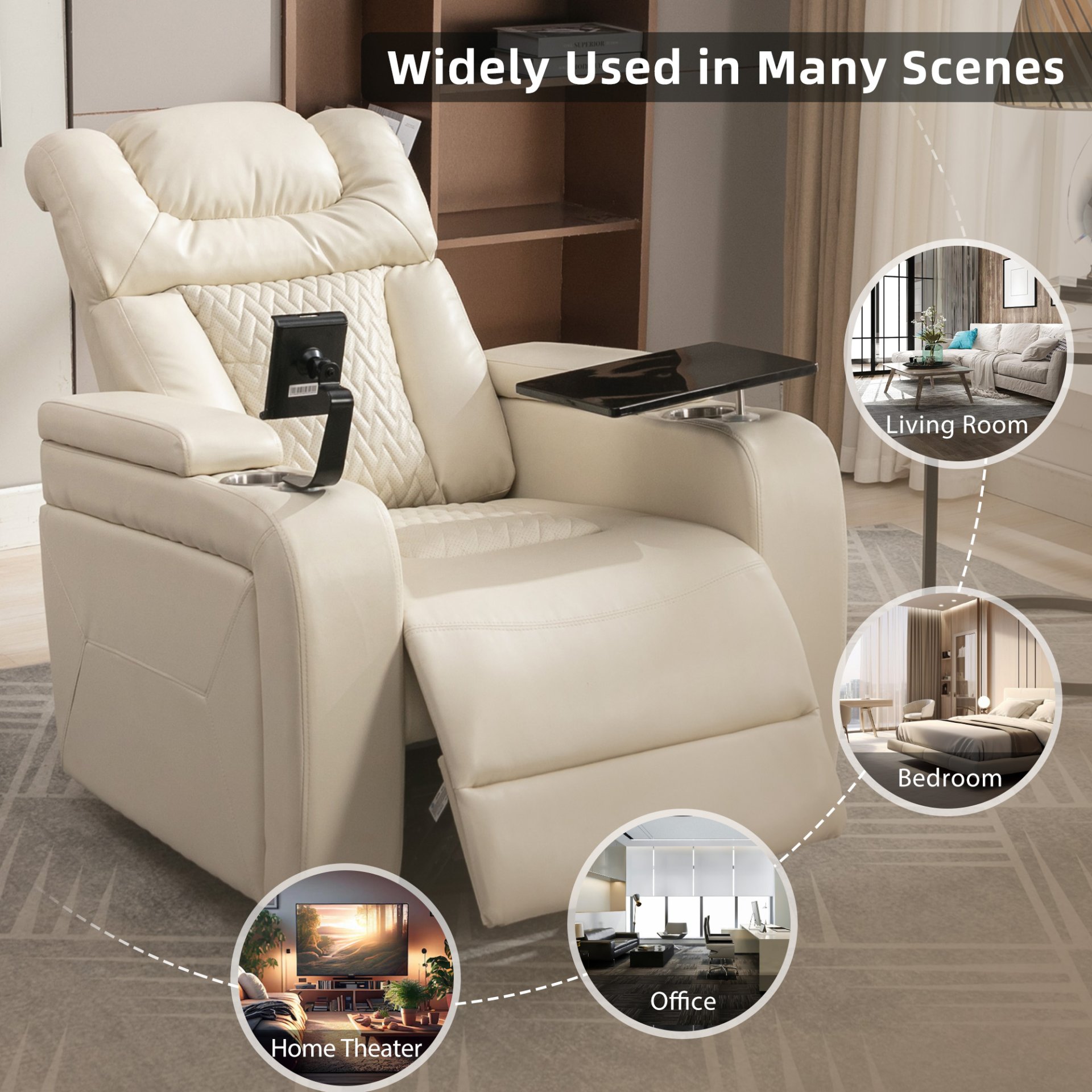 Home Theater Recliner With 270 Degree Swivel, Power Recliner With Tray Table, Phone Holder, Cup Holder, USB Port - White - Image 8