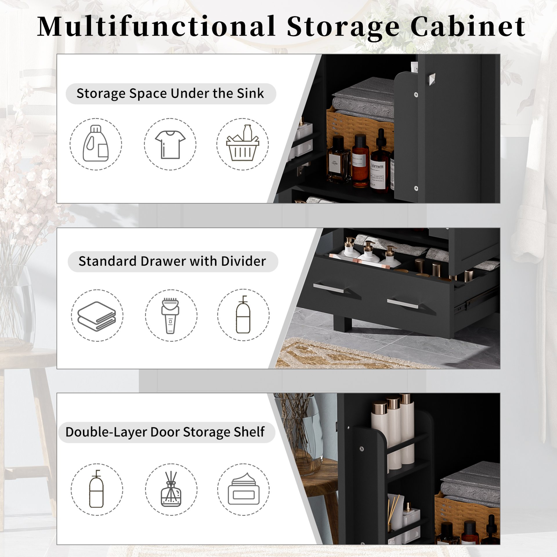 24" Bathroom Vanity With Integrated Undermount Sink, 2 Doors And 1 Drawer, Soft Close Hinges - Black - Image 9
