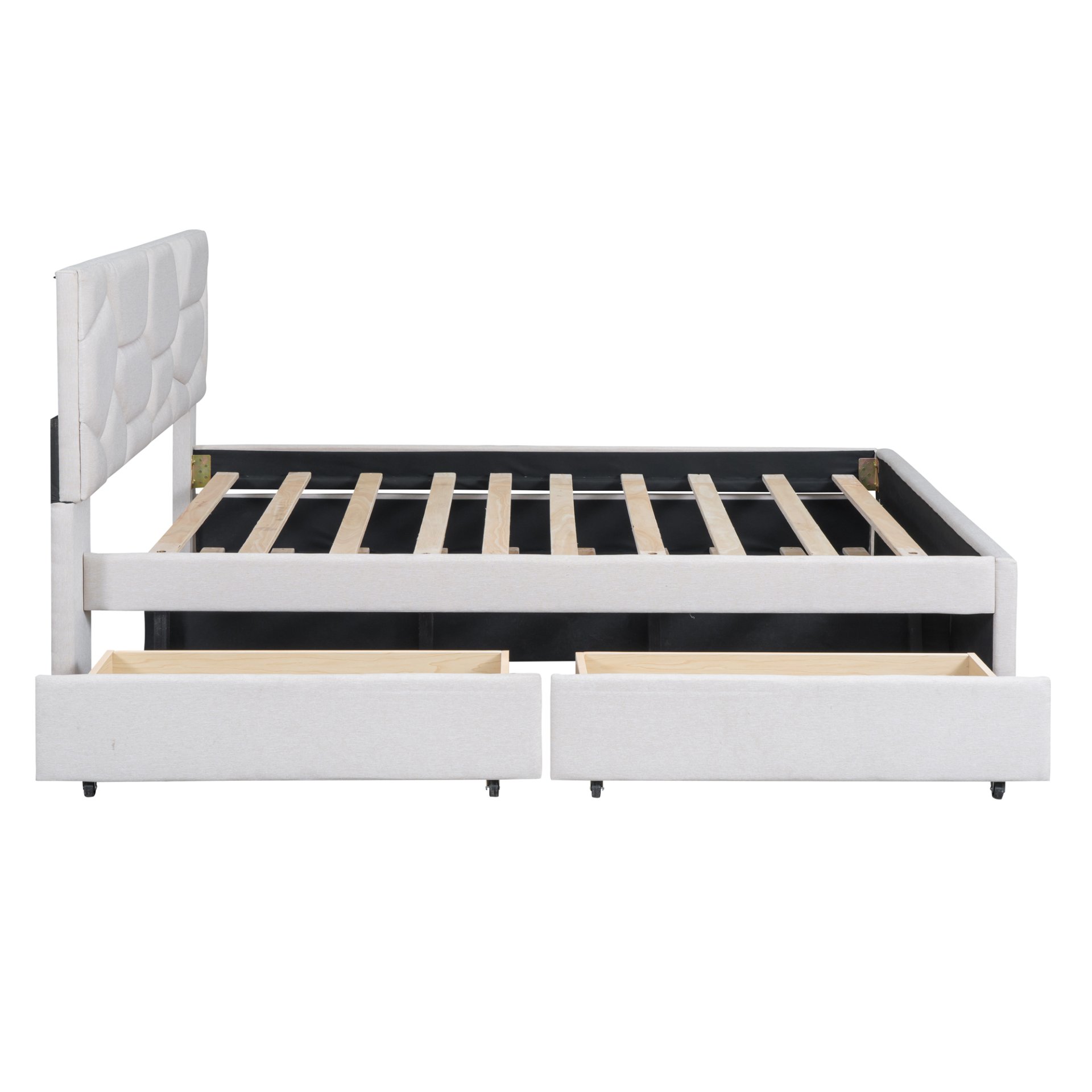 Full Size Upholstered Platform Bed With Brick Pattern Headboard, With Twin Size Trundle And 2 Drawers - Beige - Image 6
