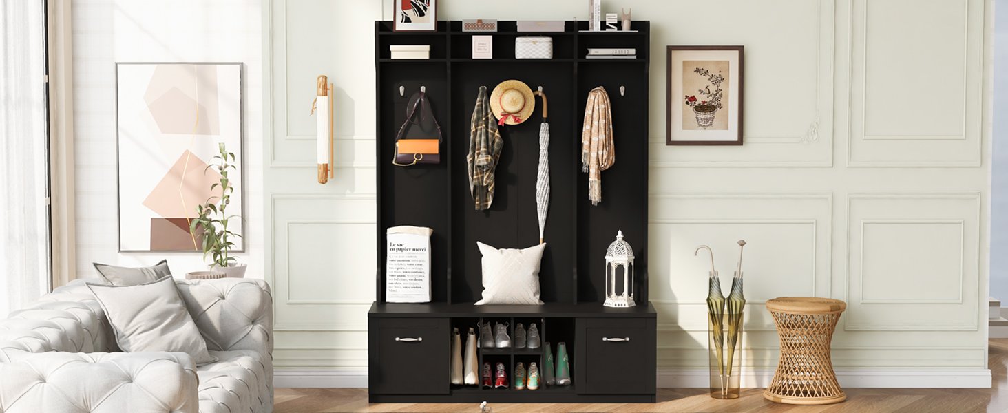5 In 1 Entryway Bench With Coat Rack, 7 Sturdy Hooks, 2 Spacious Drawers And Adjustable Shelves, Wide Hall Tree With Metal Handles For Hallway - Black - Image 9